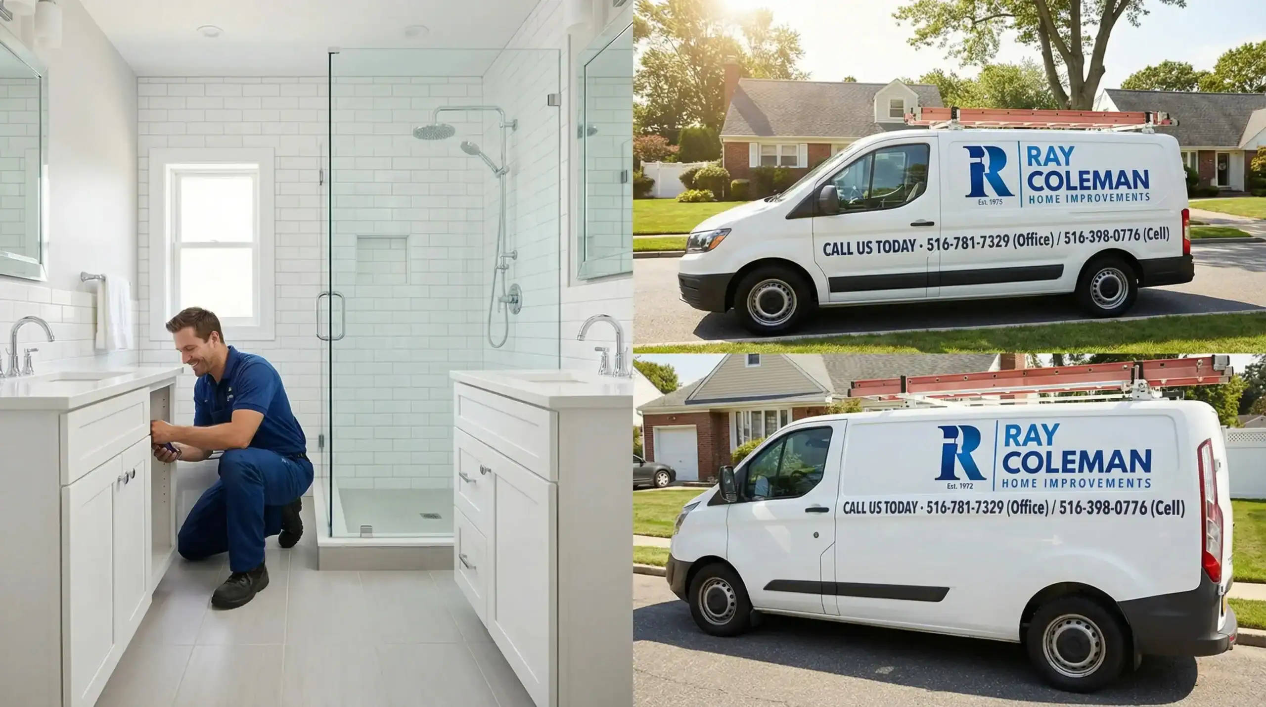 A plumber works in a bright bathroom; two side images show a white Ray Coleman Home Improvements van—serving Nassau County, NY—parked on suburban streets and displaying contact information.