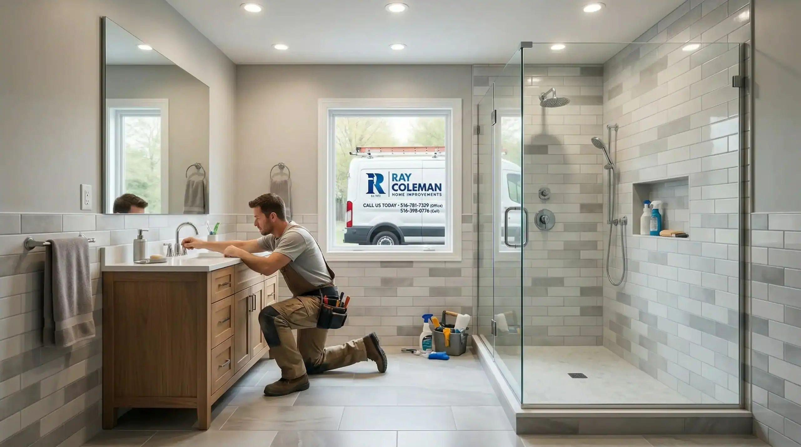 A plumber kneels beside a bathroom vanity, fixing a sink in a sleek, modern space. The scene highlights expert home improvements in Nassau County, NY, with a “Ray Coleman” service van visible through the window. Tools and supplies are on the floor nearby.