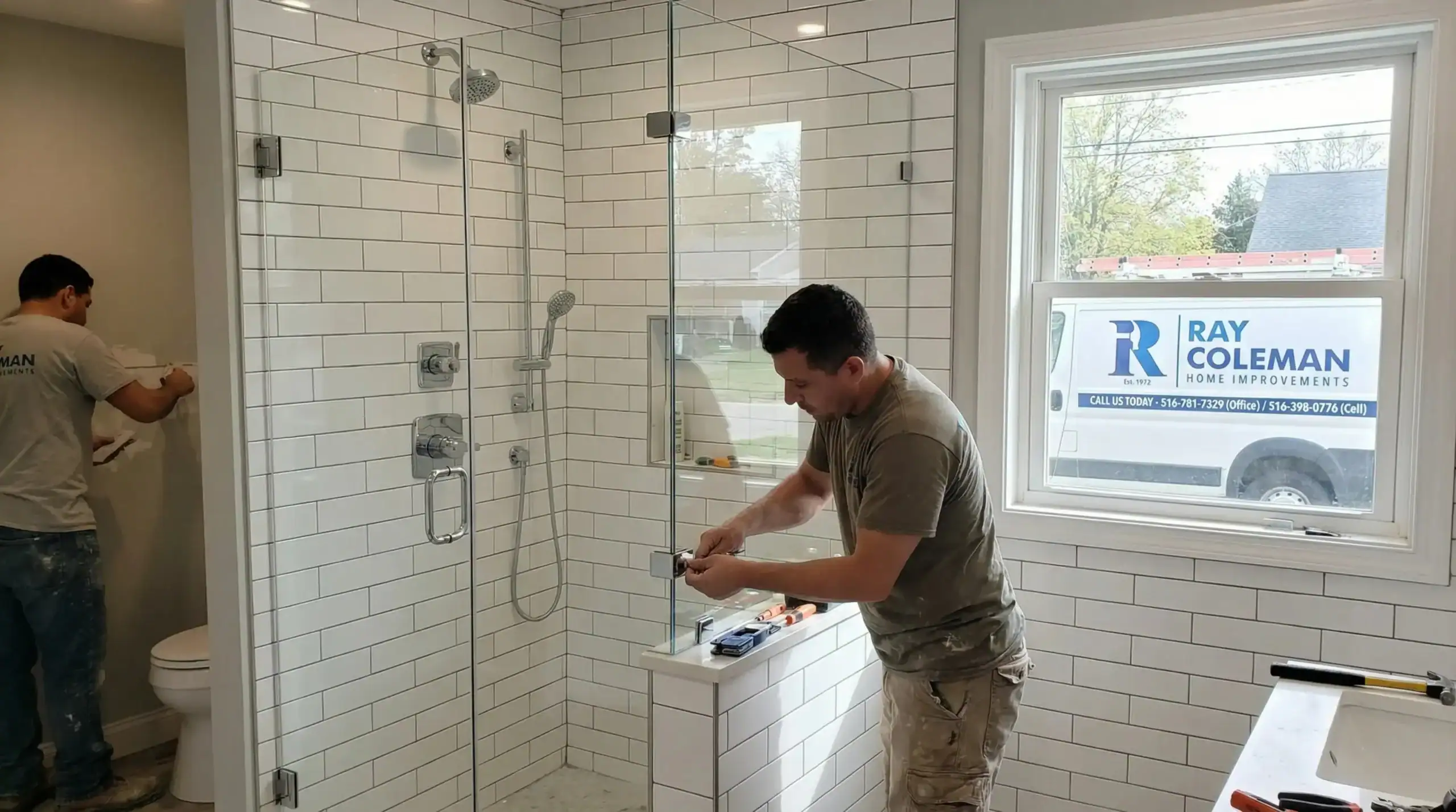 Two workers are installing a white-tiled shower in a bathroom. One adjusts hardware on a glass door, while another works near the toilet. Sunlight streams in, revealing a "Ray Coleman" sign—trusted for home improvements in Nassau County, NY.