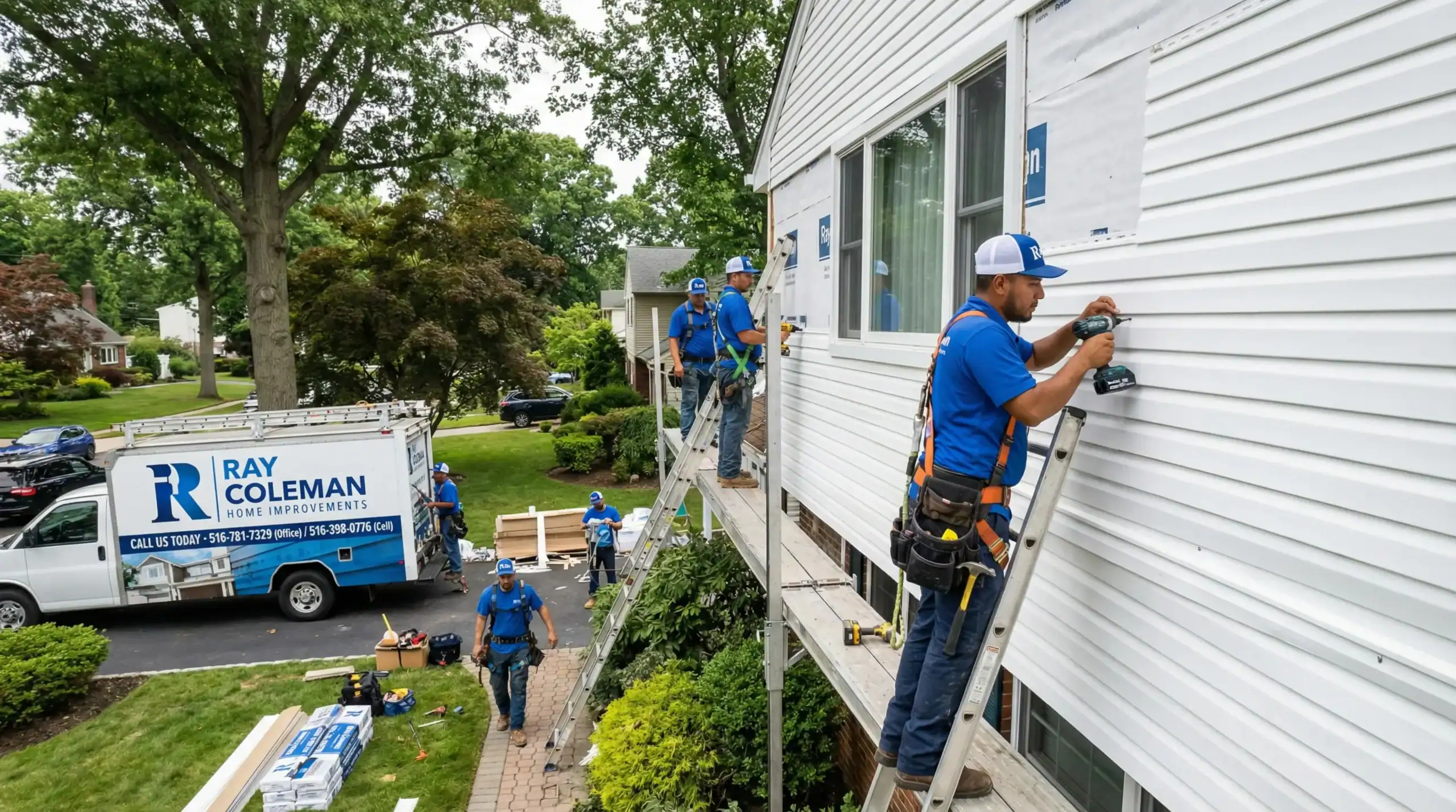 Workers in blue uniforms install siding on a white house using tools while standing on scaffolding. A Ray Coleman Home Improvements NY truck is parked nearby. Green trees and bushes surround the Nassau County home.