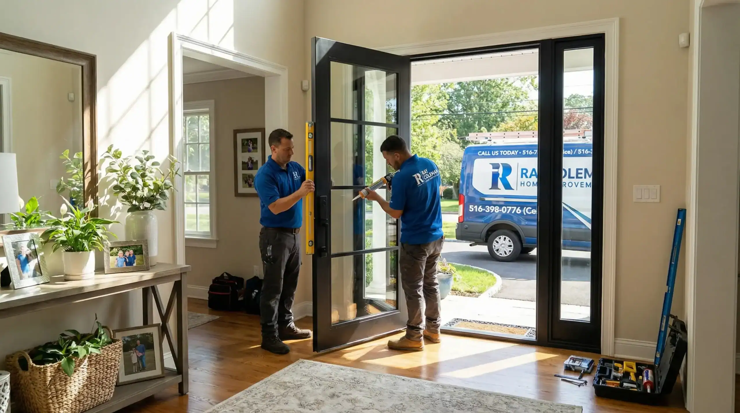 Two workers in blue shirts install a glass door in a sunlit home, showcasing quality home improvements in Nassau County, NY. Tools are on the floor, and a van with a company logo is parked outside, visible through the open doorway.