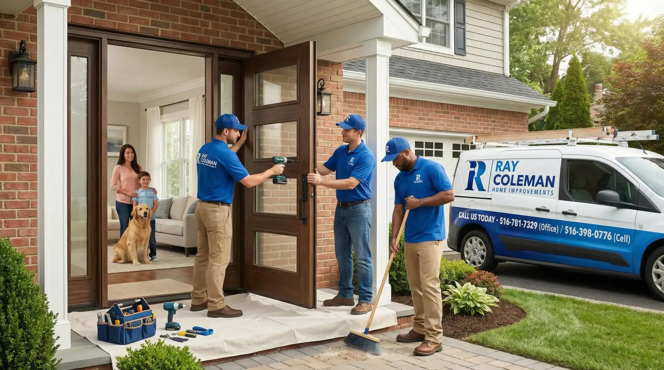 Three workers in blue uniforms install a front door on a brick house, while a woman and child with their dog watch from inside. Tools and a Ray Coleman Home Improvements Nassau County, NY van are visible outside.