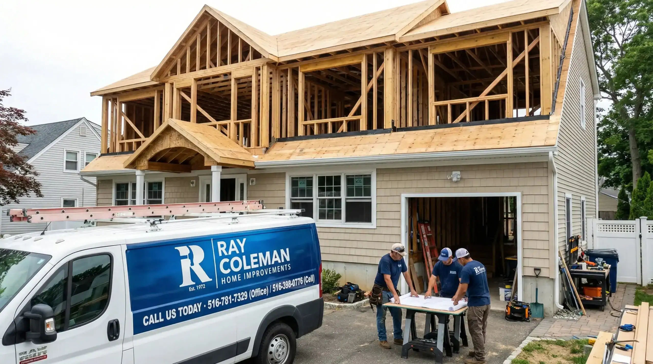 Four construction workers review blueprints on a table outside a house under major renovation in Nassau County, NY, with an exposed wooden frame above. A Ray Coleman Home Improvements van is parked in the driveway.