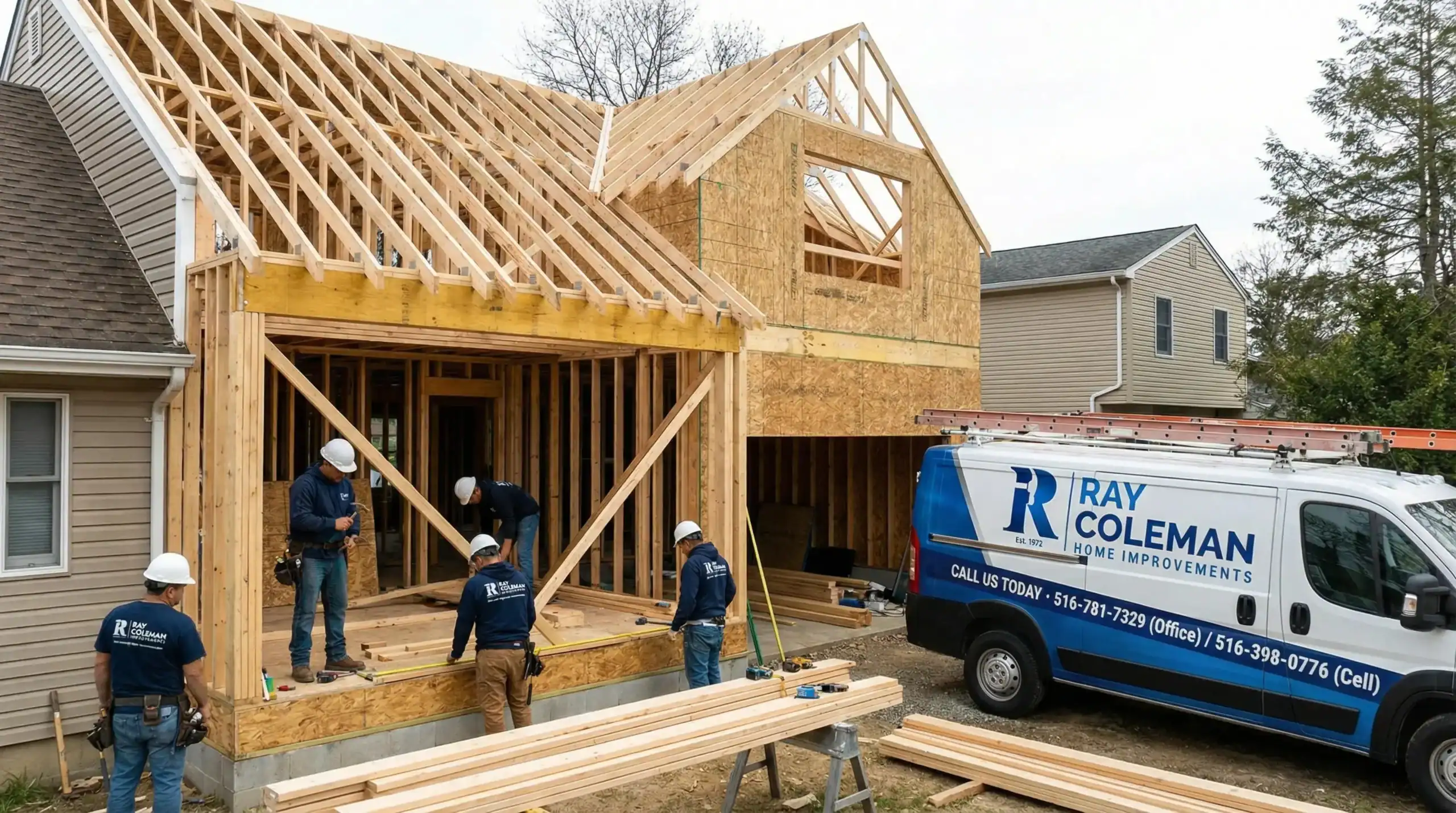 Construction workers build a wooden frame for a new house addition in Nassau County, NY; a blue Ray Coleman Home Improvements van is parked nearby next to the existing home.