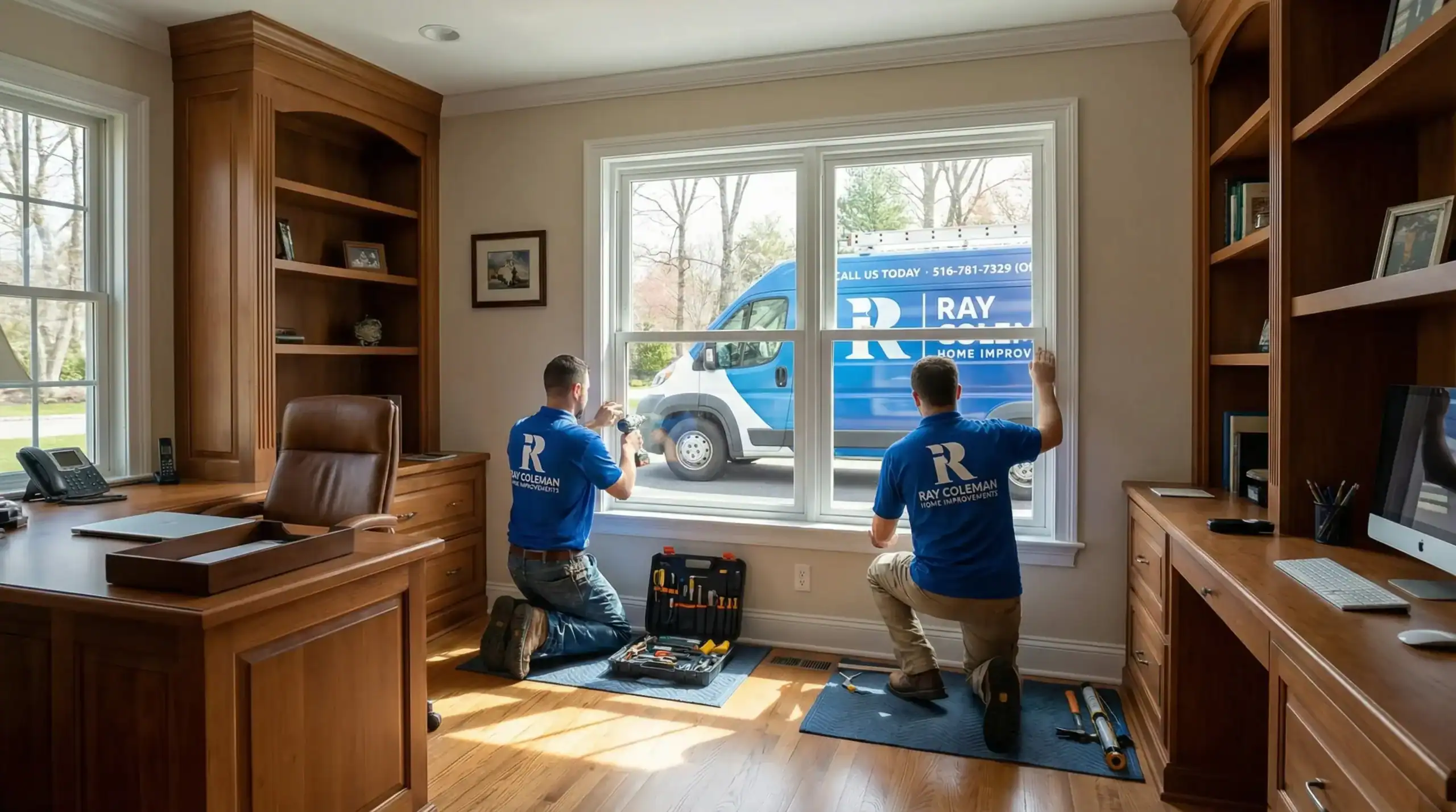 Two workers in blue shirts install a window in a NY home office with wooden shelves and desk. A blue Ray Home Improvement van is visible outside through the large window—trusted for home improvements Nassau County residents rely on. Tools are spread out on the floor.