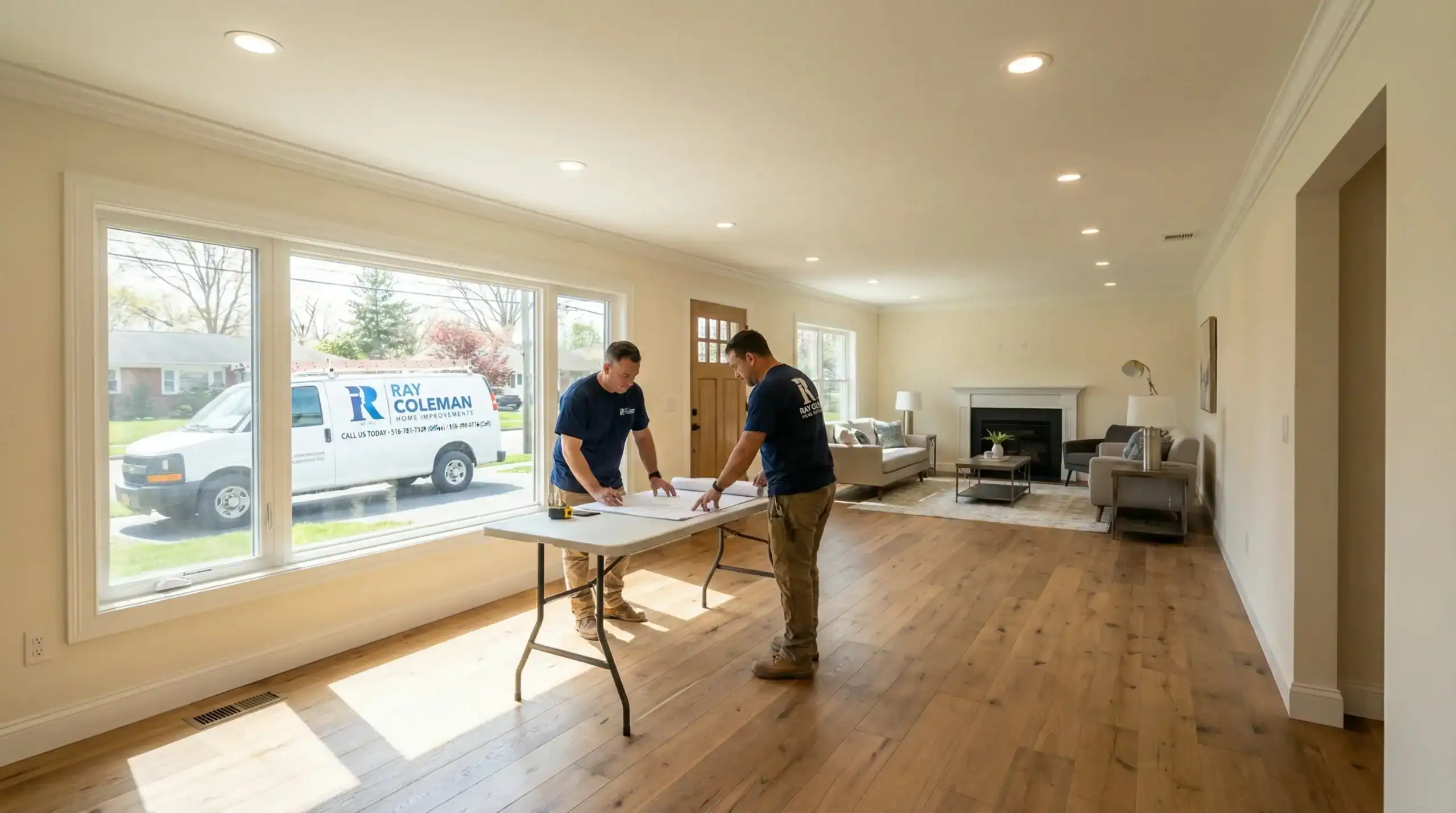 Two workers stand at a table with blueprints in a bright, empty living room with wood flooring. Large windows show a “Ray Coleman” van parked outside—trusted for NY home improvements Nassau County residents rely on. Modern furnishings and recessed lighting complete the space.