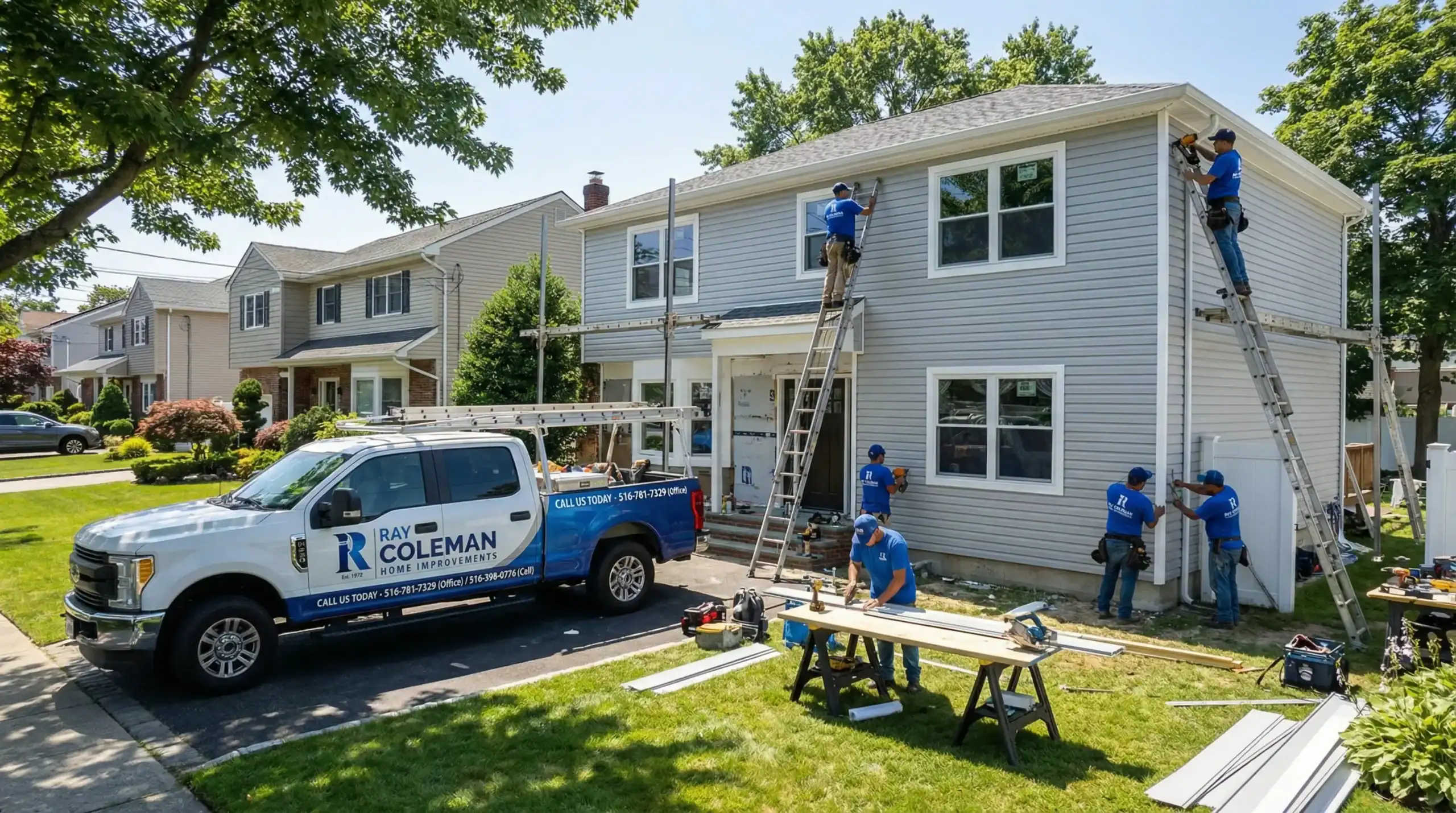 A team of workers in blue shirts repairs the exterior of a gray two-story house using ladders and tools. A Ray Coleman-branded truck is parked in the driveway, showcasing expert home improvements in Nassau County, NY.