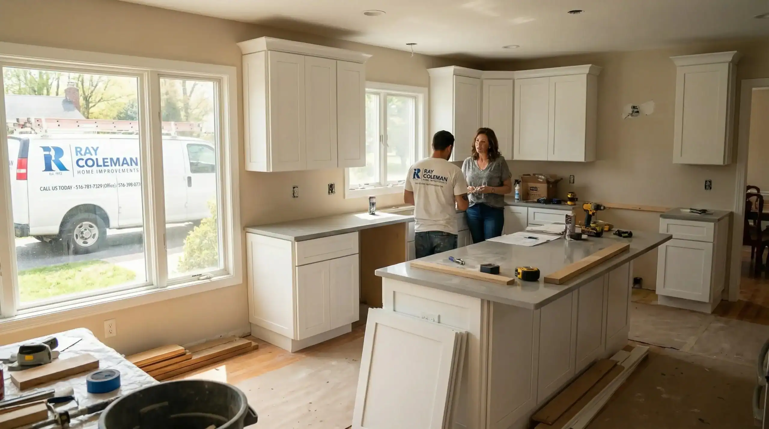 A man and woman stand in a partially renovated kitchen with white cabinets. Tools, wood, and cabinet doors are scattered, and a "Ray Coleman Home Improvement" van—serving home improvements Nassau County, NY—is visible through the window outside.