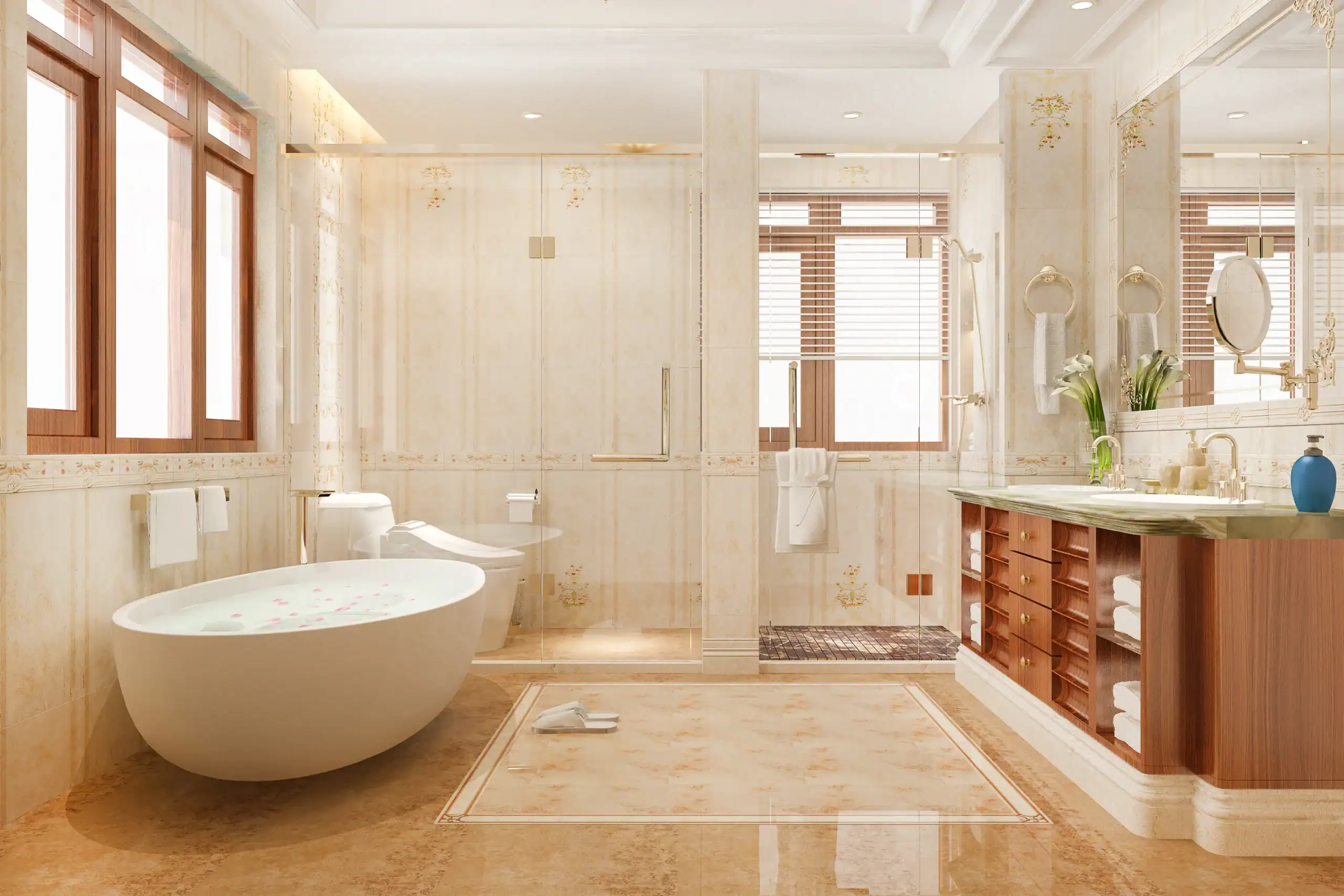 Luxurious NY bathroom with a modern oval bathtub, glass-enclosed shower, large sink with wooden storage cabinets, and wide windows. Ideal for home improvements Nassau County, towels and decorative flowers enhance the elegant space.
