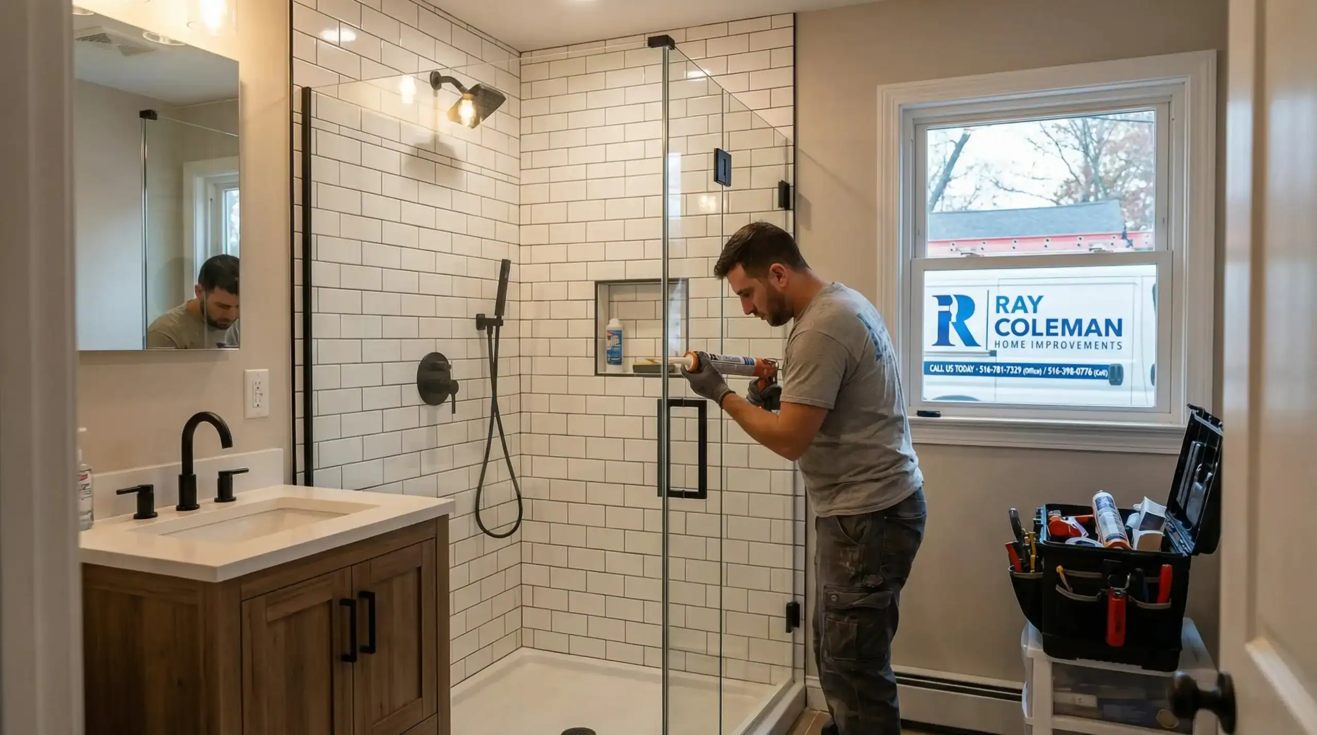 A man installs a glass shower door in a modern bathroom with white subway tiles, black fixtures, and a wooden vanity, while a window reveals a "Ray Coleman Home Improvements" sign—trusted for home improvements in Nassau County, NY.