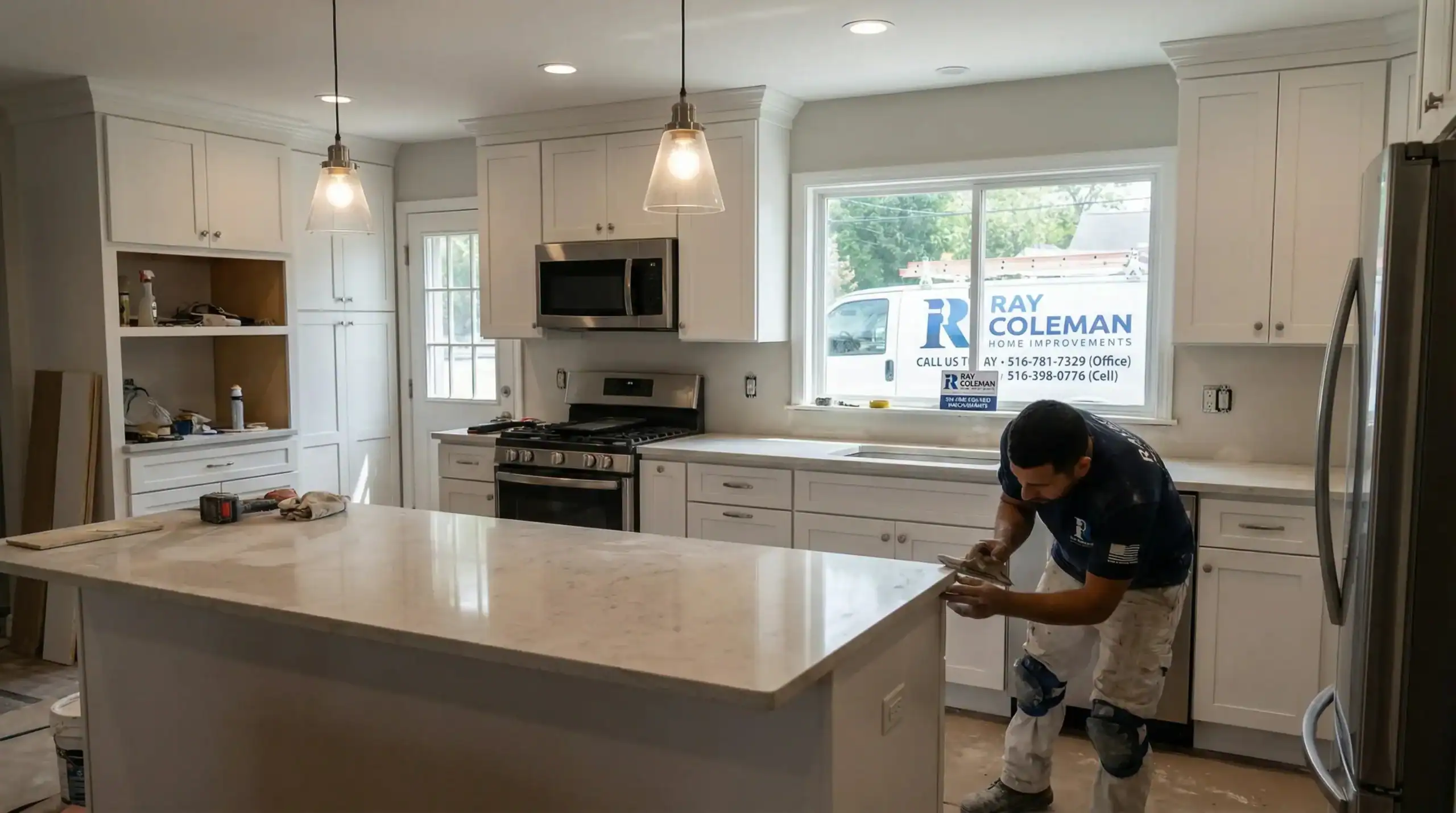 A worker installs a white kitchen island in a modern kitchen with white cabinets, stainless steel appliances, and pendant lights. A Ray Coleman Home Improvements van—serving Nassau County, NY—is visible through the window.